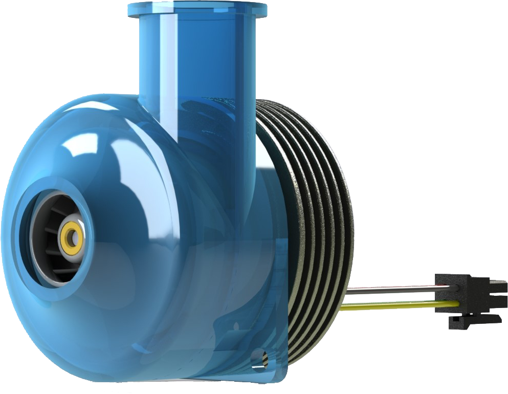 Lightweight centrifugal blower for respiratory assistance.